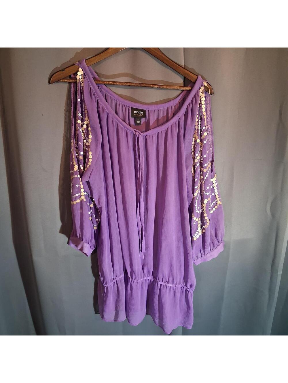 Nicole Miller Purple Embellished Cold Shoulder Blouse Size L